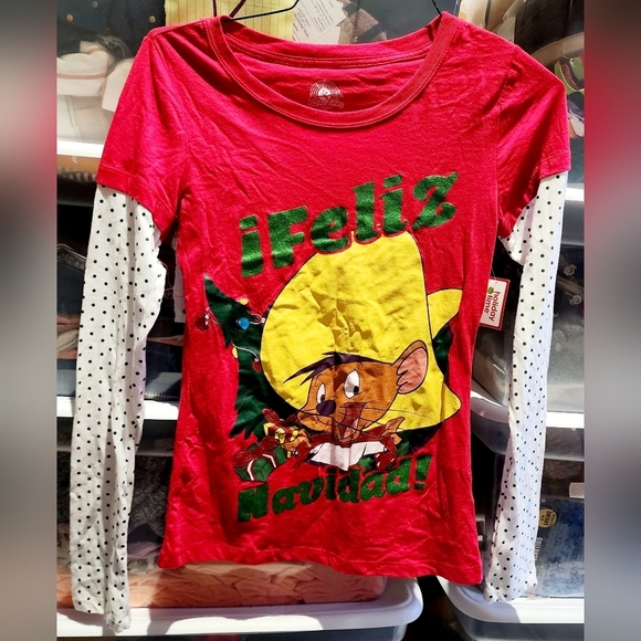NWT Looney Tunes Speedy Gonzalez Feliz Navidad Long Sleeve Tee Girls Medium 7-9